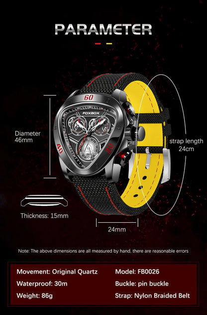 FOXBOX Fashion Luxury Quartz Man Watch Creative Big Dial Chronograph Date Nylon Strap Casual Sport Triangle Men's Watches Clocks
