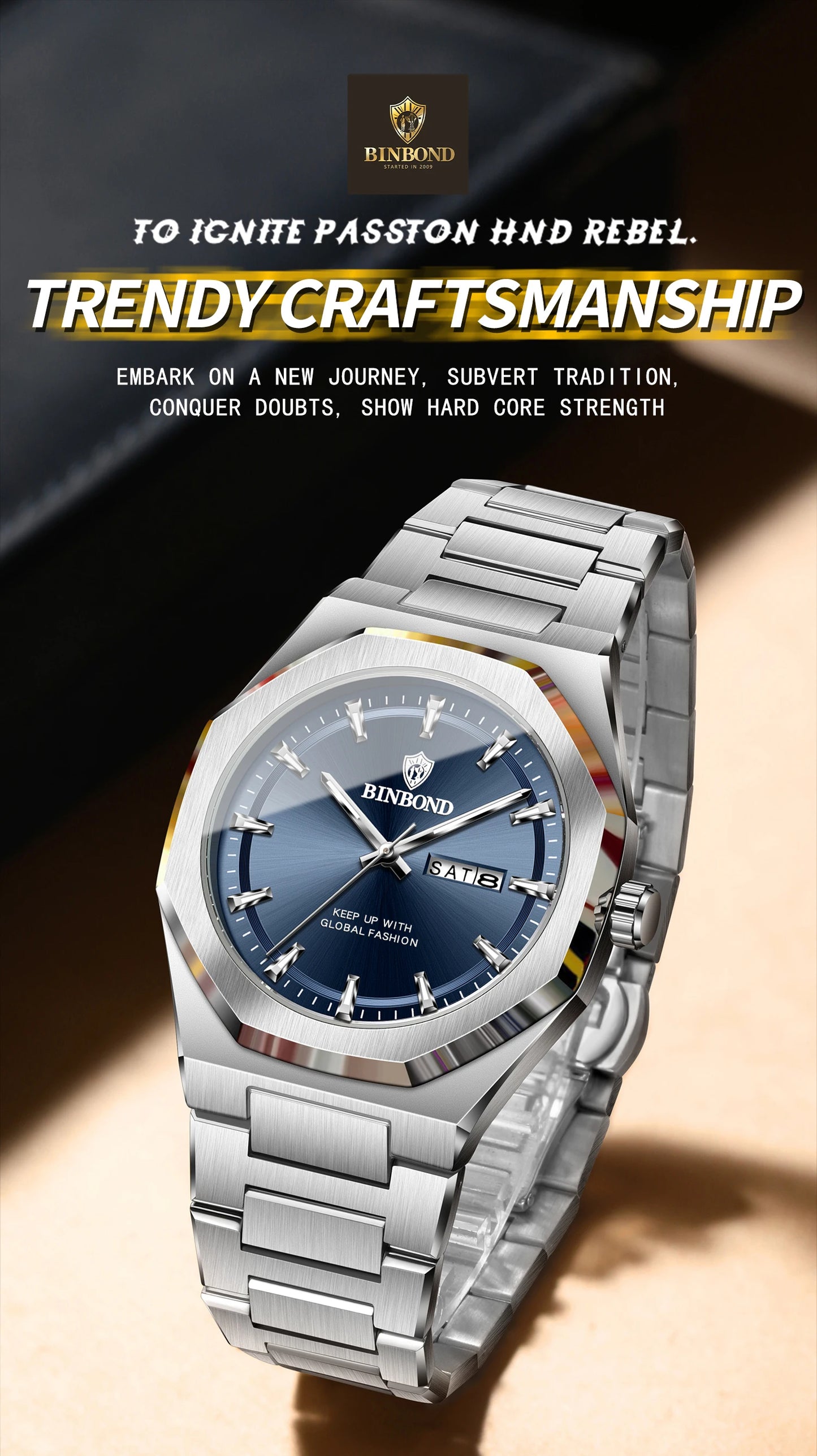 BINBOND Fashionable Men's Quartz Watch Dual Calendar Night Light Waterproof Trend Casual Business Sports Male Quartz Wristwatch