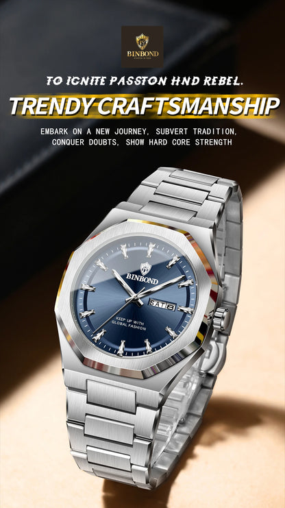 BINBOND Fashionable Men's Quartz Watch Dual Calendar Night Light Waterproof Trend Casual Business Sports Male Quartz Wristwatch