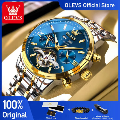 OLEVS 6740 Skeleton Flywheel Artistic Multifunctional Dials High Definition Translucent Coated Mirror Luminous Men's Watch