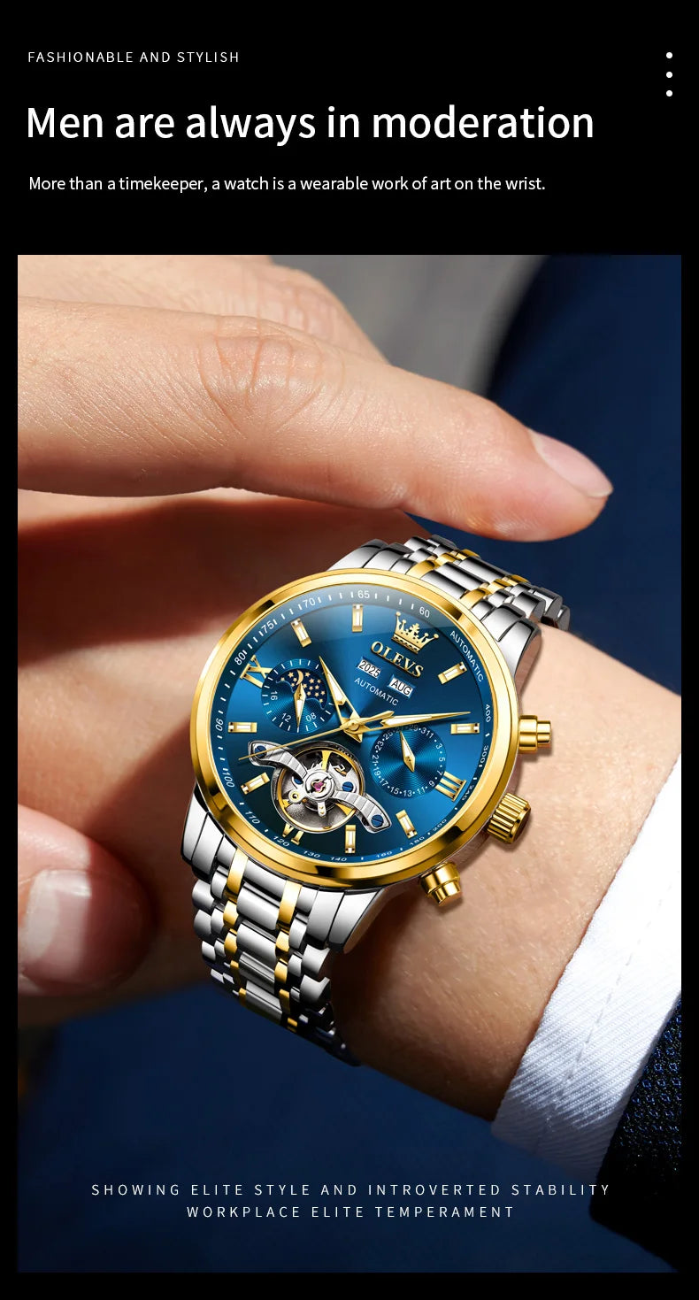 OLEVS 6740 Skeleton Flywheel Artistic Multifunctional Dials High Definition Translucent Coated Mirror Luminous Men's Watch