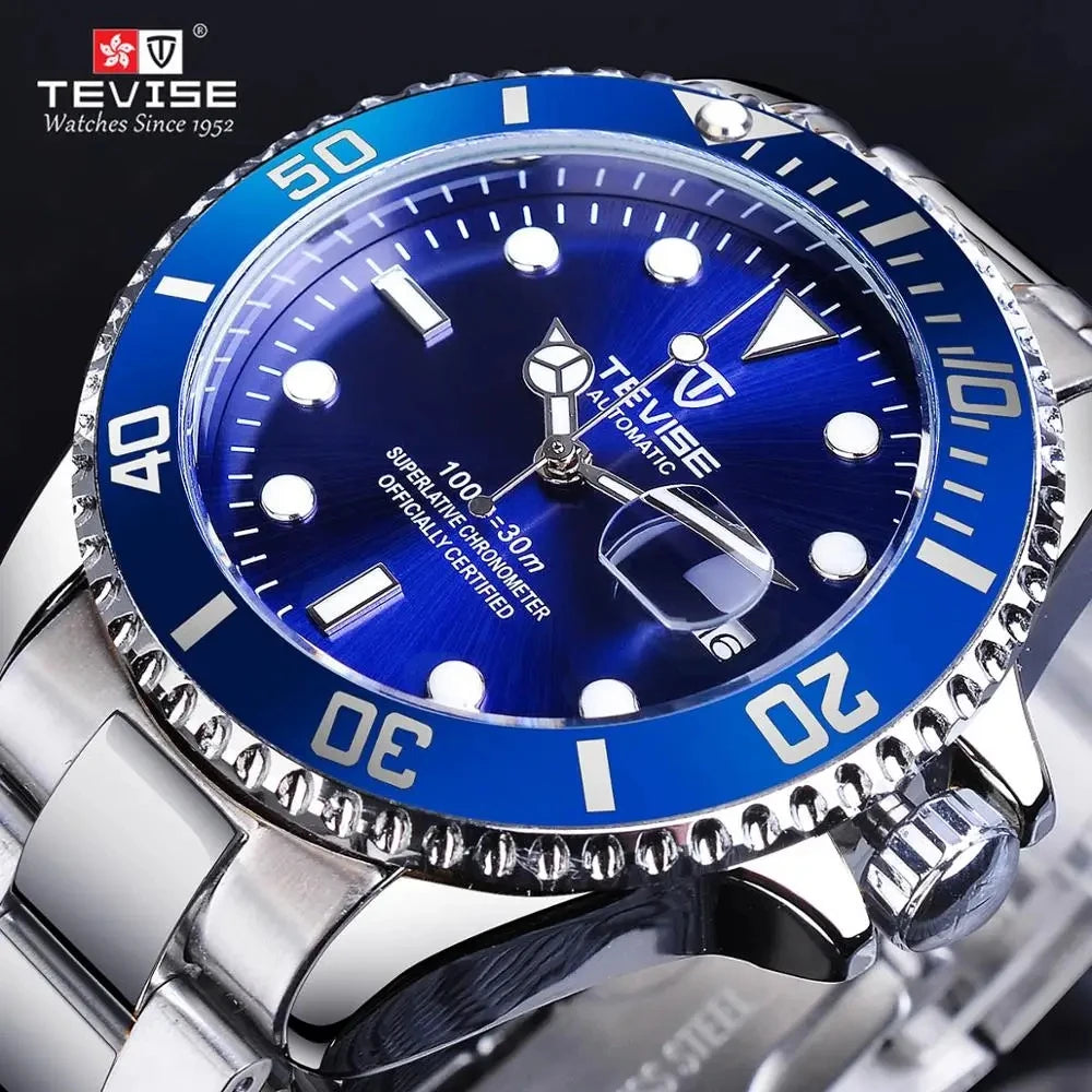 TEVISE Men's Luxury Automatic Mechanical Watch Blue Ocean Dial Stainless Steel Sport Watch, Business Casual Style with Date D