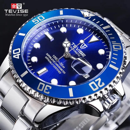 TEVISE Men's Luxury Automatic Mechanical Watch Blue Ocean Dial Stainless Steel Sport Watch, Business Casual Style with Date D