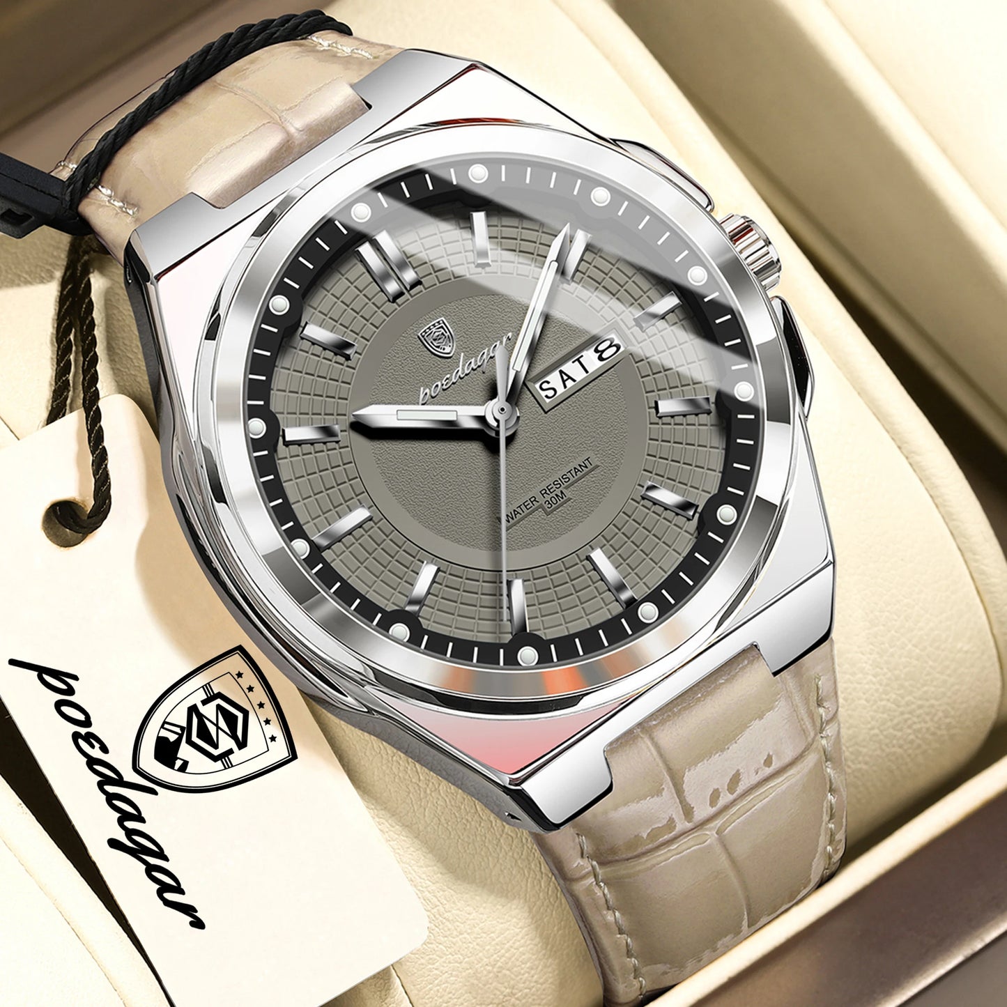 POEDAGAR High Quality Fashion Man Wristwatch Waterproof Luminous Date Week Business Quartz Men's Watches Leather Men Watch Reloj