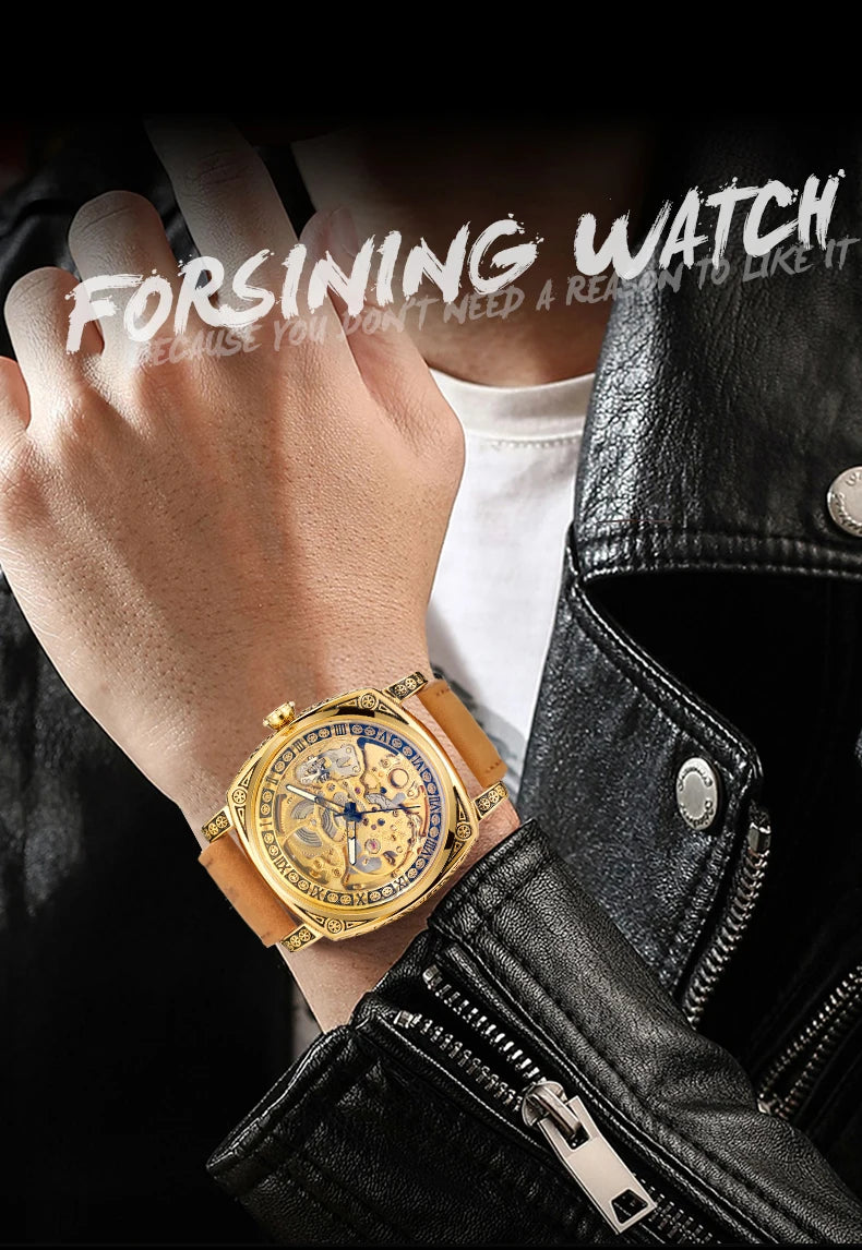 Forsining Royal Retro Skeleton Automatic Mechanical Watch for Men Leather Strap Business Casual Mens Watches Top Brand Gifts New