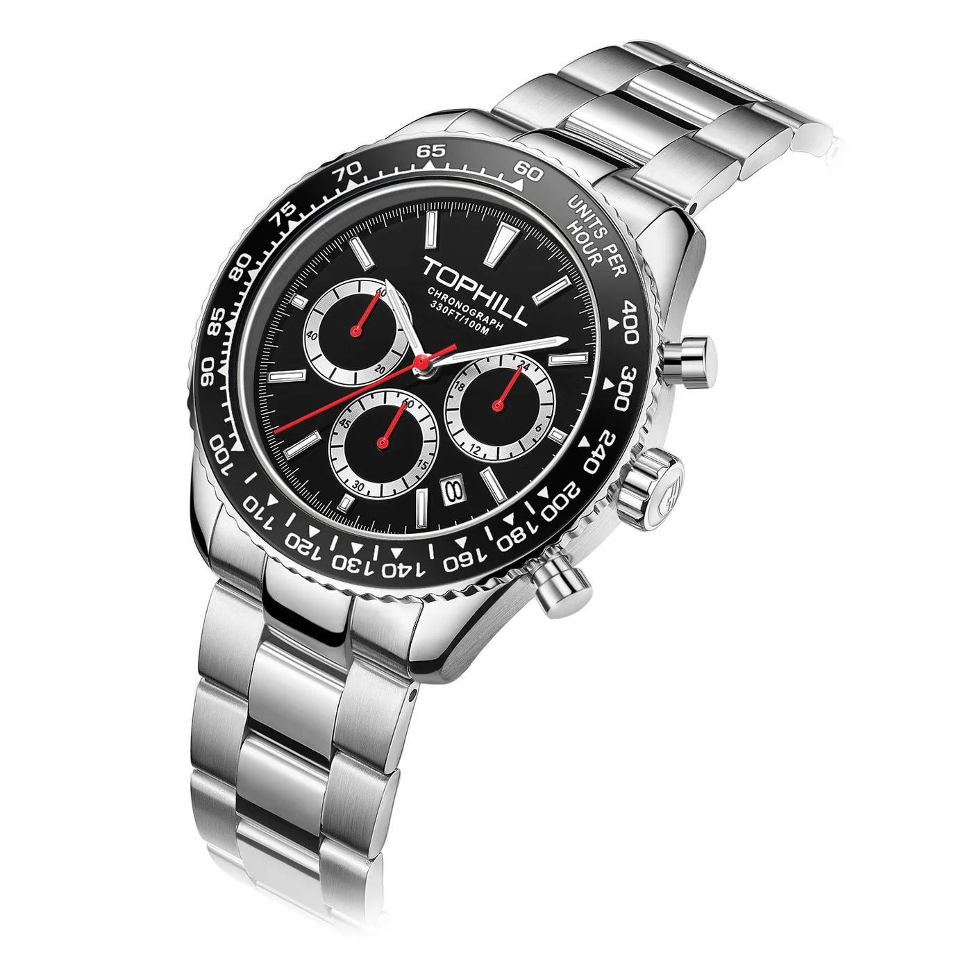 TOPHILL Racing Chronograph Men’s Quartz Watch Panda dial Tachymeter Bezel Sport Wristwatch Stainless Steel 100M Waterproof