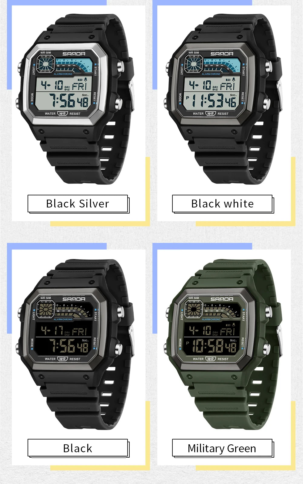SANDA 6196 Student Electronic Watch Night Light Waterproof Sports Men's Lightweight Square Luxury Classic  Electronic Watch