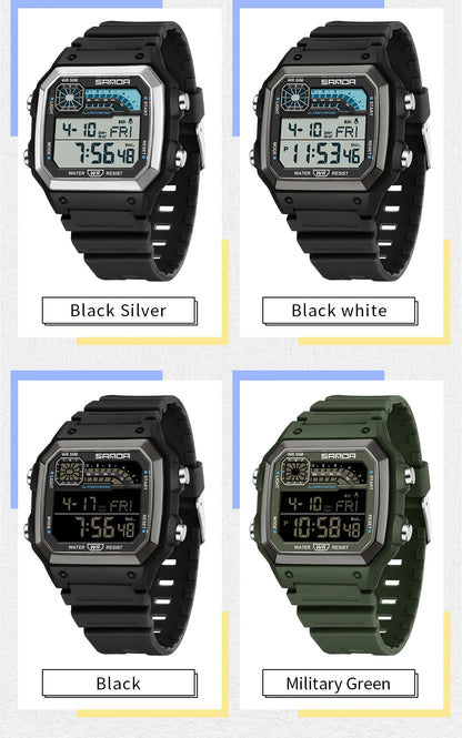 SANDA 6196 Student Electronic Watch Night Light Waterproof Sports Men's Lightweight Square Luxury Classic  Electronic Watch