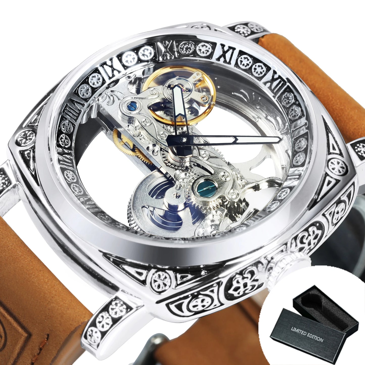 Forsining Vintage Square Skeleton Automatic Mechanical Watch for Men Engraved Case Steel Leather Strap Business Mens Watches