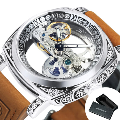 Forsining Vintage Square Skeleton Automatic Mechanical Watch for Men Engraved Case Steel Leather Strap Business Mens Watches