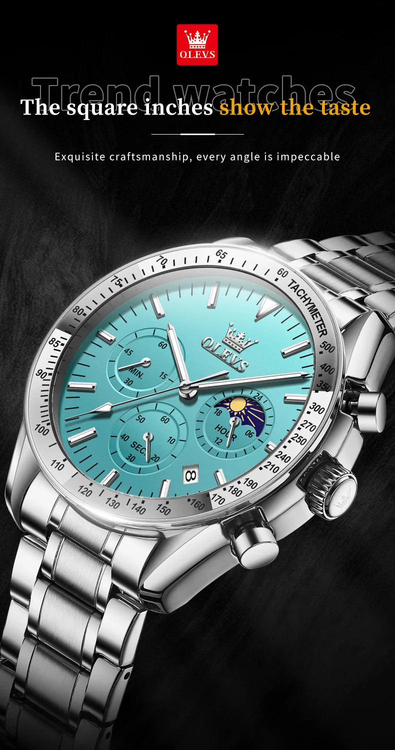 OLEVS Original Quartz Man Watch Stainless Steel Moon Phase Waterproof Chronograph Men's Wristwatches Auto Date Hand Clock 3618