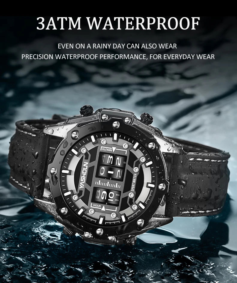 YASHIDUN Men Quartz Watch Roller Digital Dial Design Silicone Strap Versatile Wristwatch Clock Waterproof Military Sports Clock