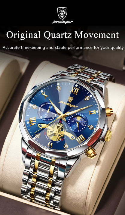 POEDAGAR Exquisite Business Men Watch Waterproof Luminous Chronograph Luxury Man Watches Stainless Steel Men's Quartz Wristwatch