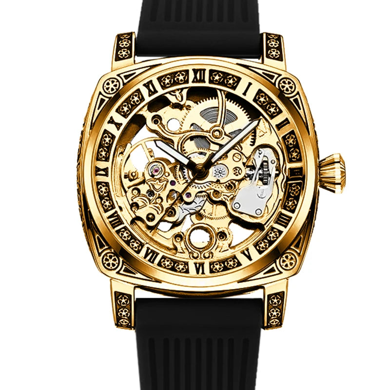 A men's yellow and black casual fashion mechanical watch with exquisite engraved hollow pattern