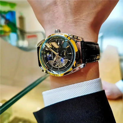 Luxury Men's Automatic Mechanical Watch, Cool Hemispherical Design, Best-Selling Men's Watch, Moon Phase Pointer, Skeleton Design, the Best Gift for Him, No Battery Needed
