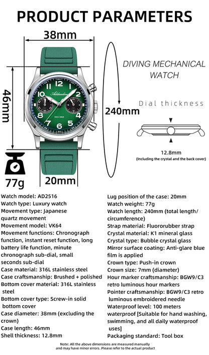 ADDIESDIVE Top Brand Man Watch 10Bar Waterproof AD2516 Super Luminous Bubble Mirror Glass VK64 Chronograph Quartz Steel Watch