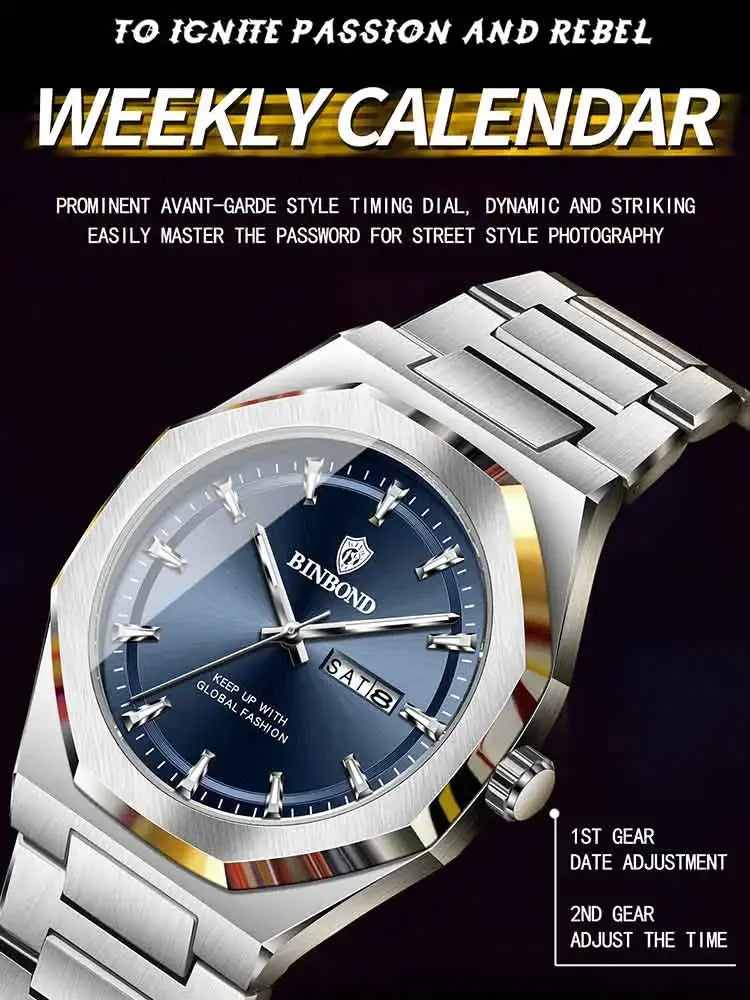 BINBOND Fashionable Men's Quartz Watch Dual Calendar Night Light Waterproof Trend Casual Business Sports Male Quartz Wristwatch
