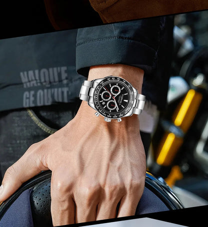 TOPHILL Racing Chronograph Men’s Quartz Watch Panda dial Tachymeter Bezel Sport Wristwatch Stainless Steel 100M Waterproof