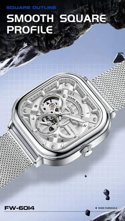 Mark Fairwhale 6014 Men's Automatic Movement Mechanical Watch Square Dial Stainless Steel Waterproof Mesh Strap Watches for Men