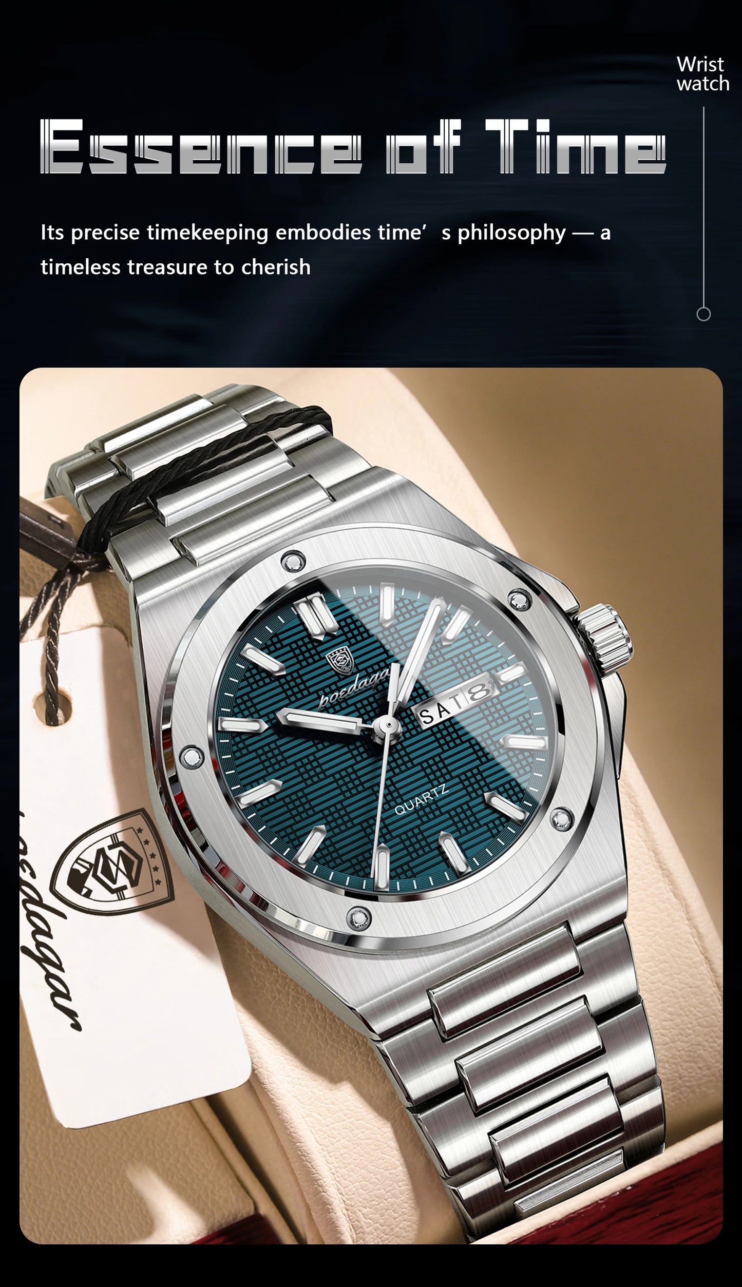 POEDAGAR Original Men Clock Quartz Date Week Luxury Man Wristwatch Waterproof Luminous Stainless Steel Sport Men's Watches Reloj