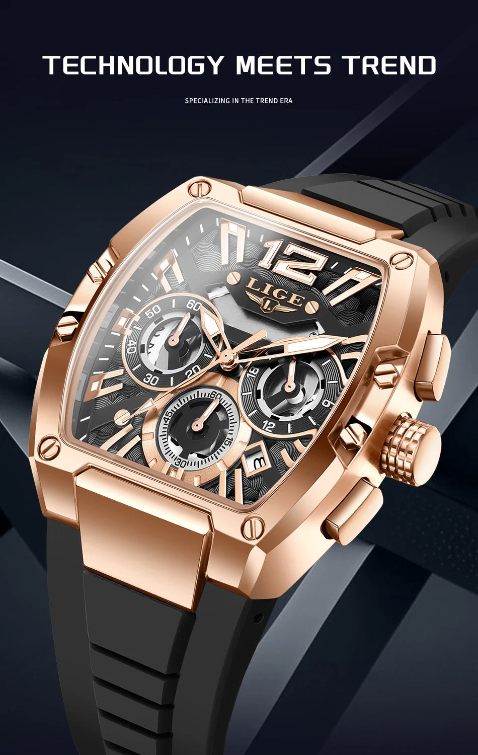 LIGE Original Brand Fashion Mens Watches Sport Military Chronograph Calendar Silicone Strap Quartz Wristwatch Relogio Masculino