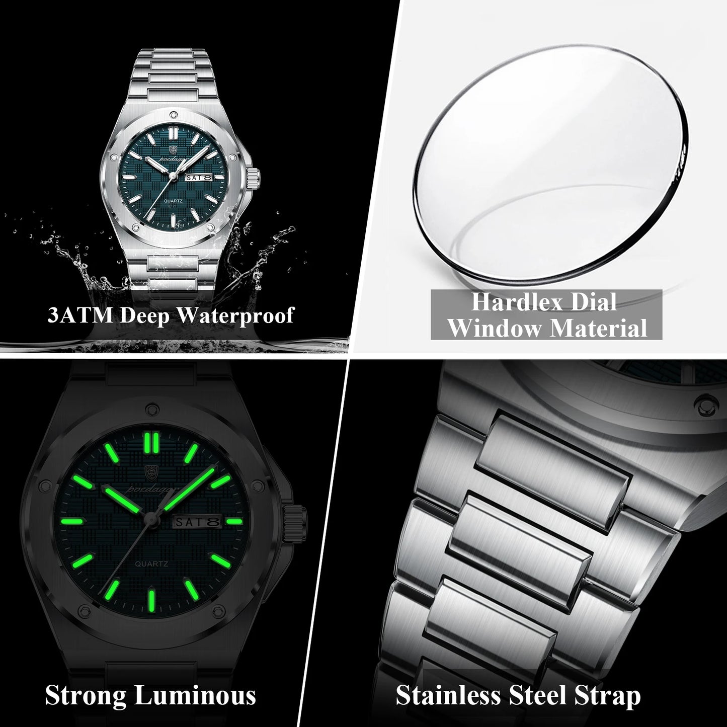 POEDAGAR Original Men Clock Quartz Date Week Luxury Man Wristwatch Waterproof Luminous Stainless Steel Sport Men's Watches Reloj