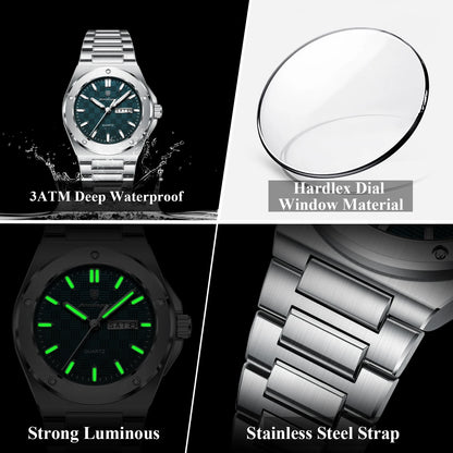 POEDAGAR Original Men Clock Quartz Date Week Luxury Man Wristwatch Waterproof Luminous Stainless Steel Sport Men's Watches Reloj