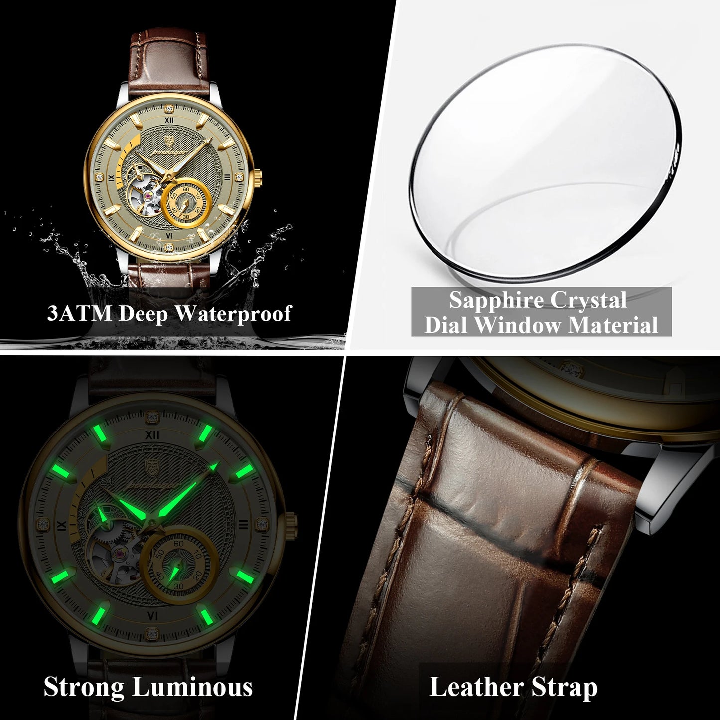POEDAGAR Military Sport Man Watch Waterproof Luminous Hollow Tourbillon Men Clock Automatic Mechanical Leather Men's Watches+Box