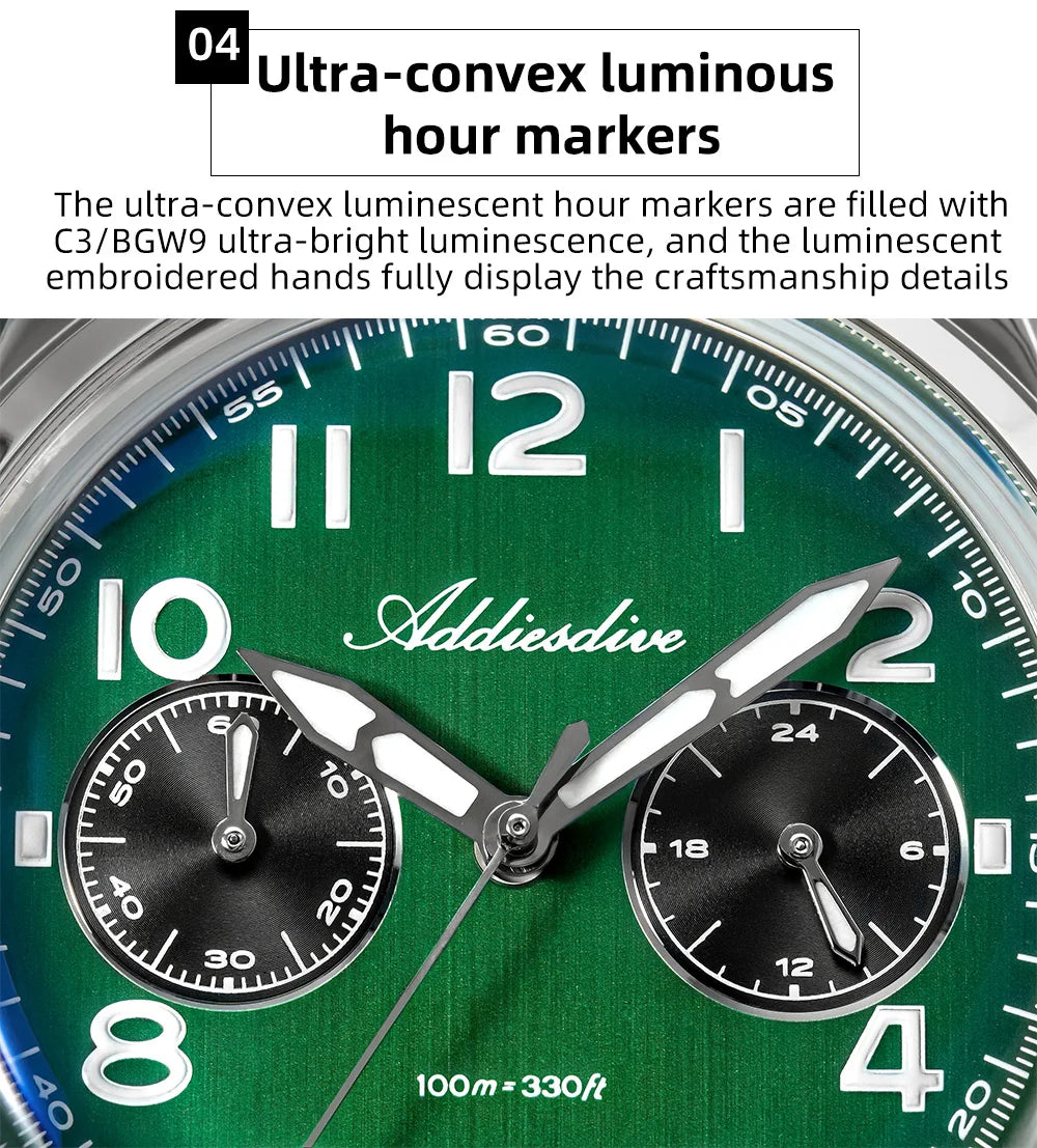 ADDIESDIVE Top Brand Man Watch 10Bar Waterproof AD2516 Super Luminous Bubble Mirror Glass VK64 Chronograph Quartz Steel Watch