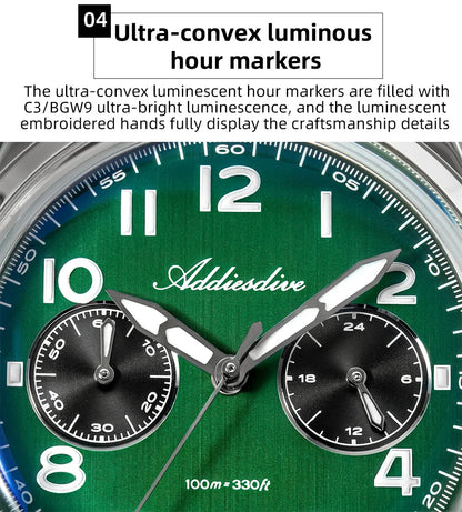 ADDIESDIVE Top Brand Man Watch 10Bar Waterproof AD2516 Super Luminous Bubble Mirror Glass VK64 Chronograph Quartz Steel Watch