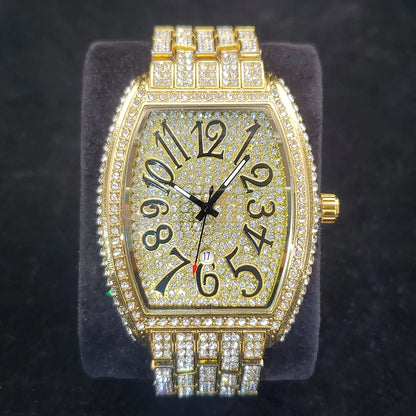 1pcs Quartz Men's Watch Luxury Fashion Wristwatch Hip-Hop Street Style Full Diamond Tonneau Date Watches for Party Accessory