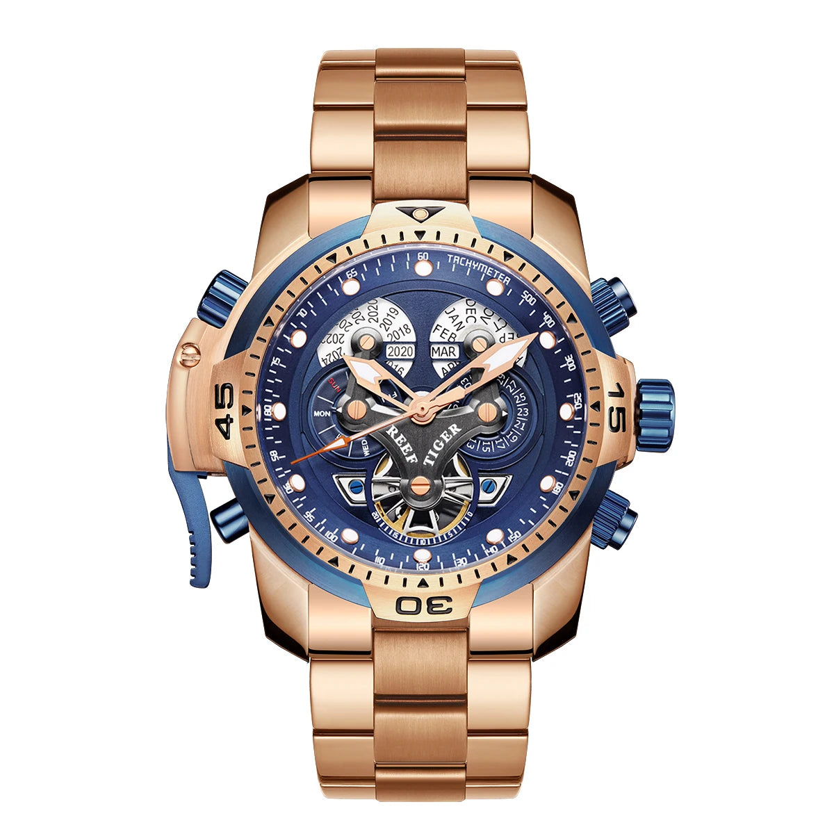 Reef Tiger/RT Designer Stainless Steel Completed Calendar Automatic Watch Men Date Rose Gold Bracelet Mechanical Watches RGA3503