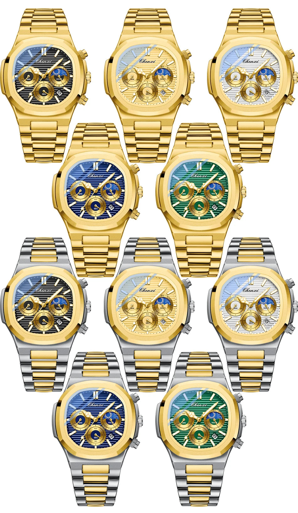 CHENXI Luxury Business Multifunctional Men's Watches Waterproof Chronograph Moonphase Stainless Steel Men's Quartz Watch Casual