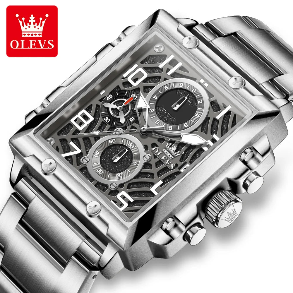OLEVS Brand Square Multifunctional Quartz Watch for Men Stainless Steel Waterproof Sport Chronograph Mens Watches Reloj Hombre