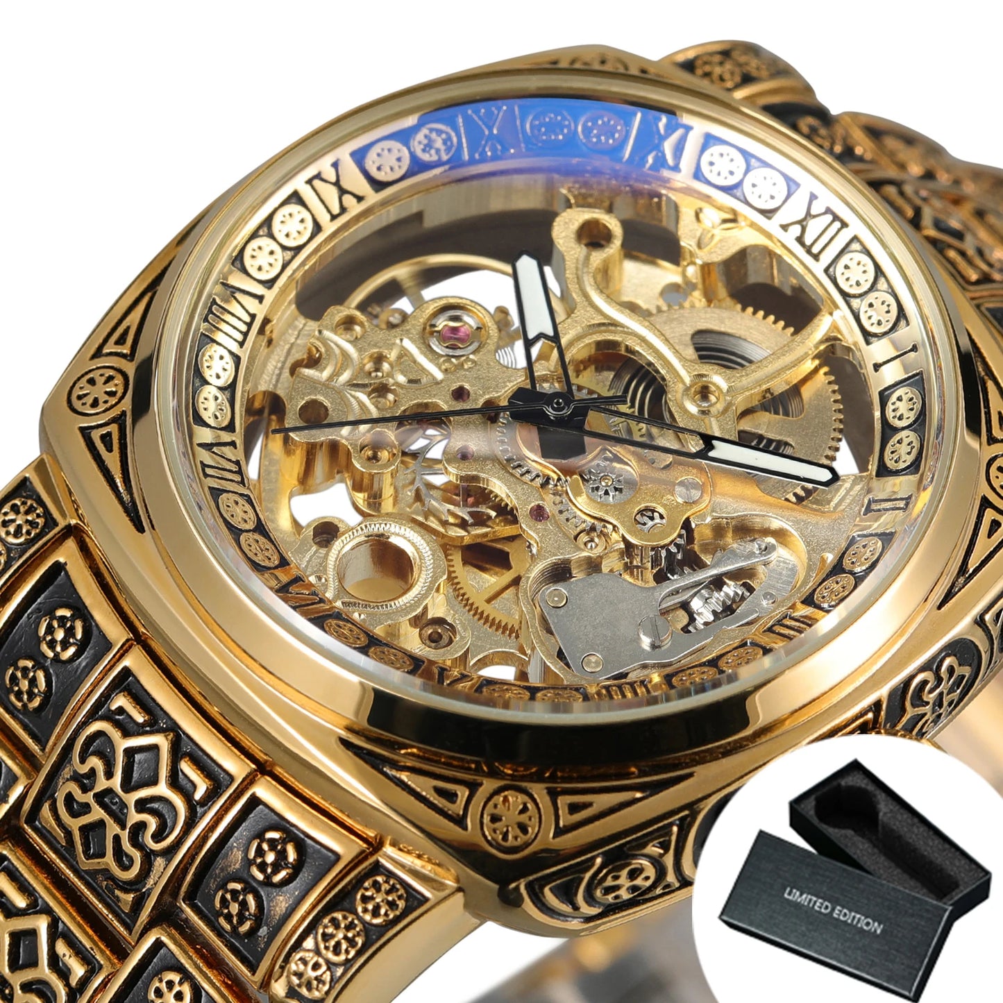 Forsining Gold Square Skeleton Automatic Mechanical Watches Engraved Design Luminous Hands Stainless Steel Strap Retro Men Watch