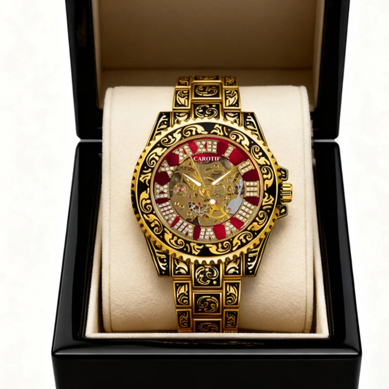 A men's black and red vintage luxury-style fully automatic mechanical watch with exquisite engravings