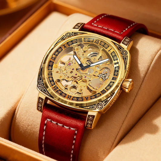A men's yellow and red casual fashion mechanical watch with finely embossed PU leather