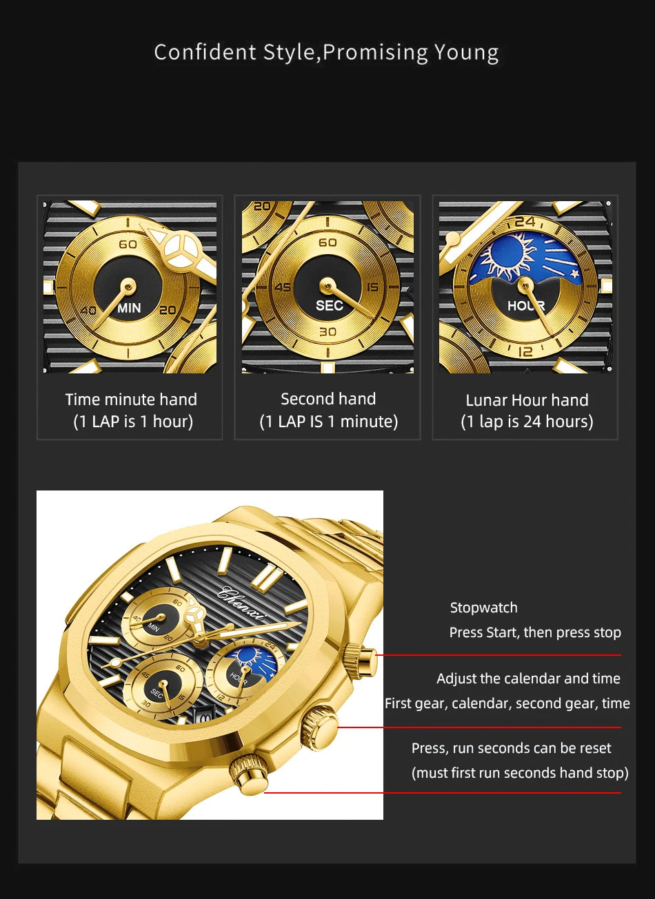 CHENXI Luxury Business Multifunctional Men's Watches Waterproof Chronograph Moonphase Stainless Steel Men's Quartz Watch Casual