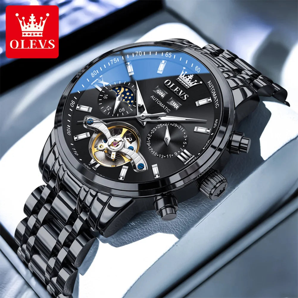 OLEVS 6740 Skeleton Flywheel Artistic Multifunctional Dials High Definition Translucent Coated Mirror Luminous Men's Watch