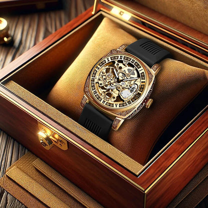 A men's yellow and black casual fashion mechanical watch with exquisite engraved hollow pattern