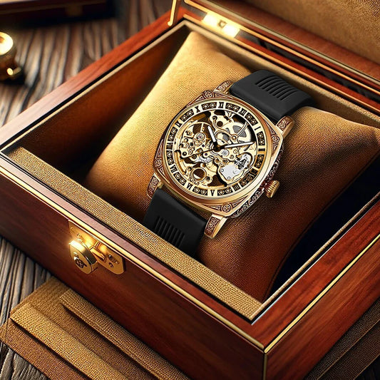 A men's yellow and black casual fashion mechanical watch with exquisite engraved hollow pattern