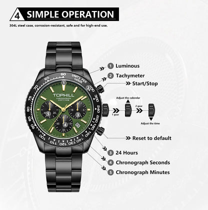 TOPHILL Racing Chronograph Men’s Quartz Watch Panda dial Tachymeter Bezel Sport Wristwatch Stainless Steel 100M Waterproof