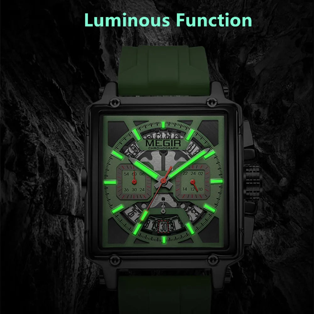 MEGIR Sport Watches for Men Waterproof Quartz Military Wristwatches Square Dial Male Chronograph Watch 24-hour Reloj Hombre 2233