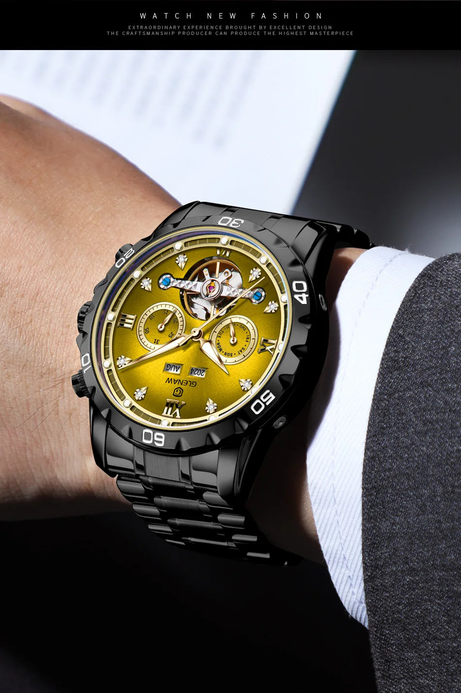 GLENAW NEW Year Month Sunday Multi-functional Mechanical Watch Men luxury Stainless Steel Waterproof Automatic watch steel strip