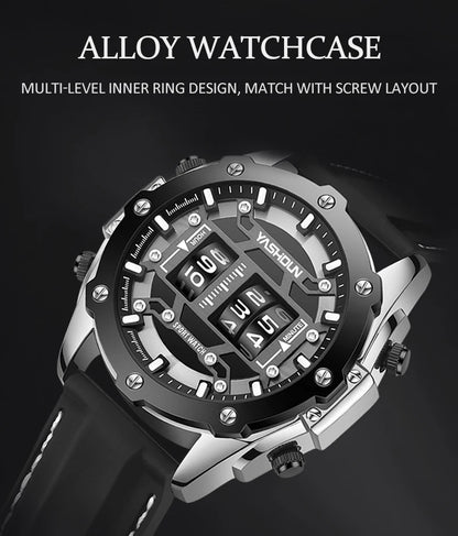 YASHIDUN Men Quartz Watch Roller Digital Dial Design Silicone Strap Versatile Wristwatch Clock Waterproof Military Sports Clock