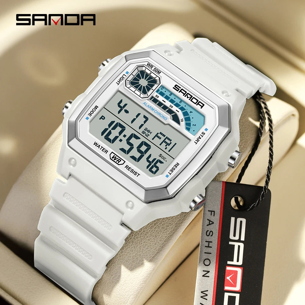 SANDA 6196 Student Electronic Watch Night Light Waterproof Sports Men's Lightweight Square Luxury Classic  Electronic Watch