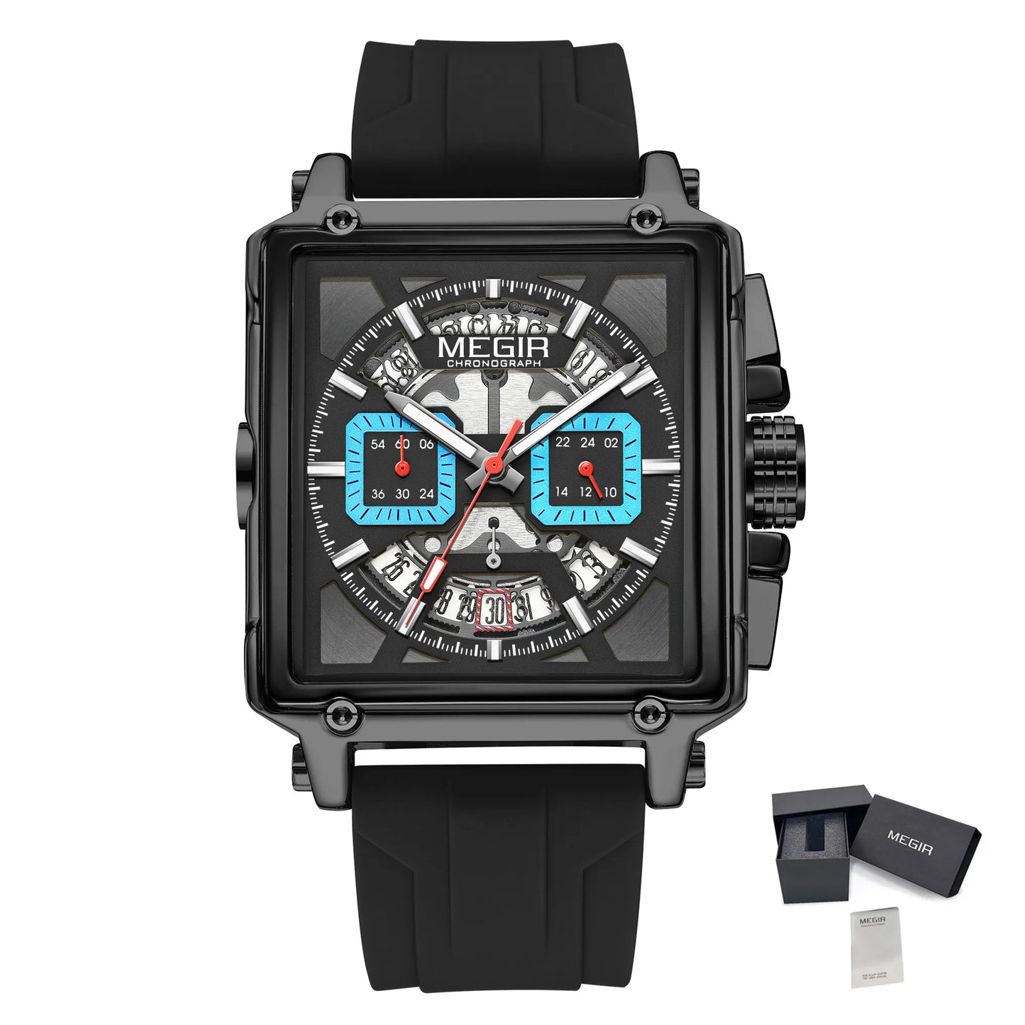 MEGIR Sport Watches for Men Waterproof Quartz Military Wristwatches Square Dial Male Chronograph Watch 24-hour Reloj Hombre 2233