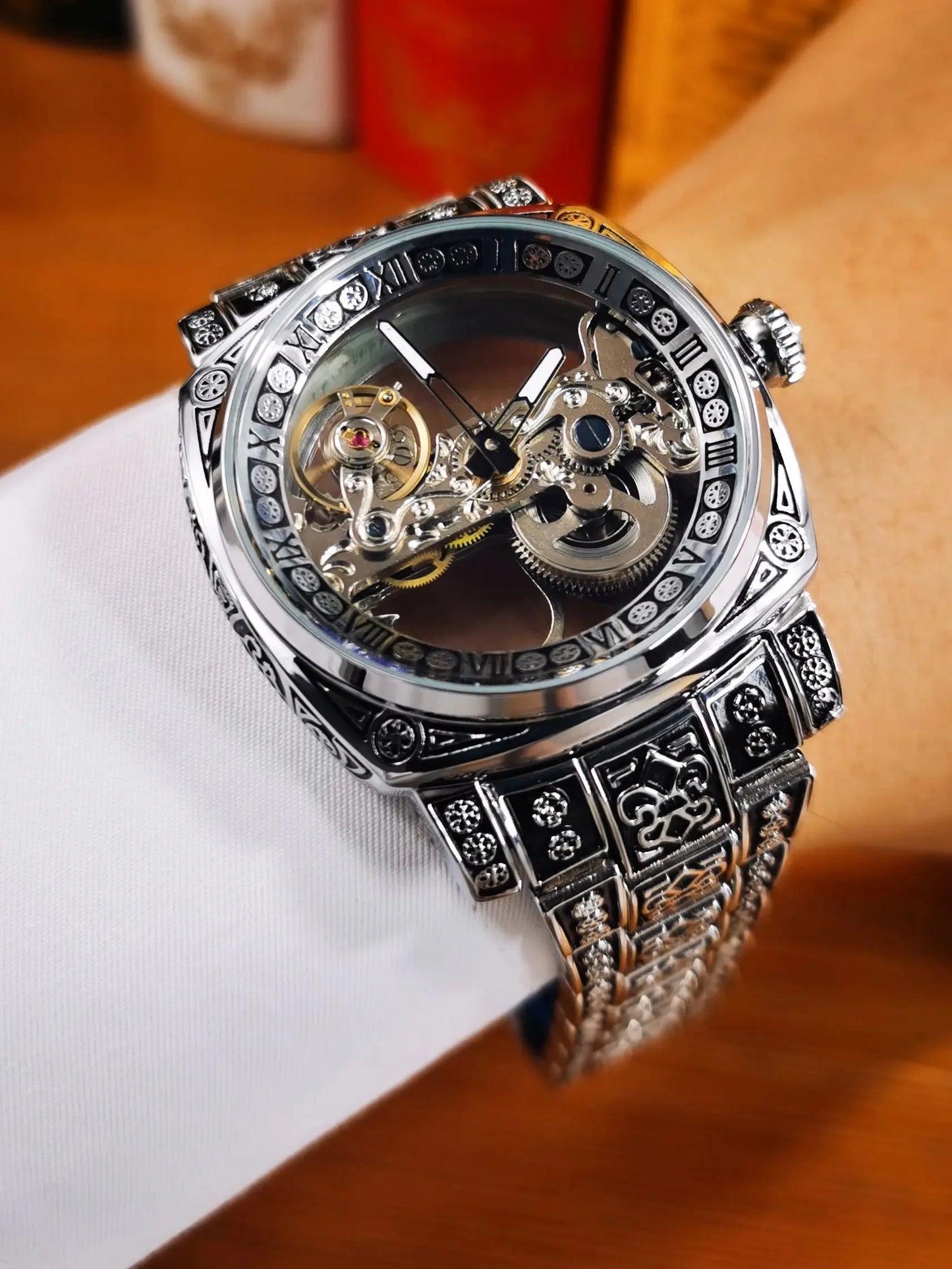 Forsining Gold Square Skeleton Automatic Mechanical Watches Engraved Design Luminous Hands Stainless Steel Strap Retro Men Watch
