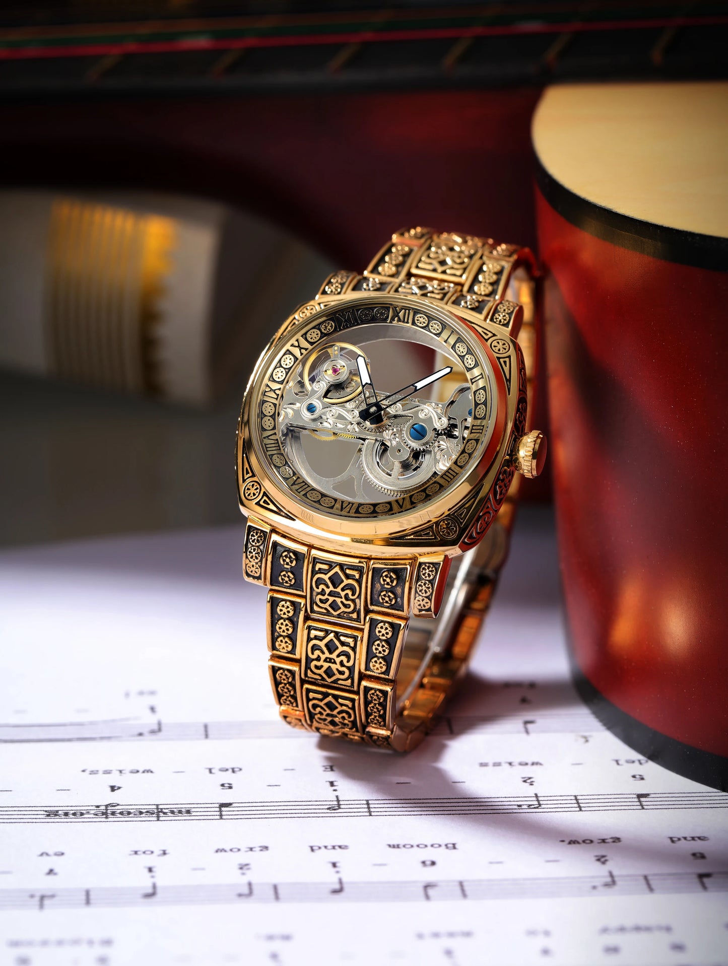 Forsining Vintage Square Skeleton Automatic Mechanical Watch for Men Engraved Case Steel Leather Strap Business Mens Watches