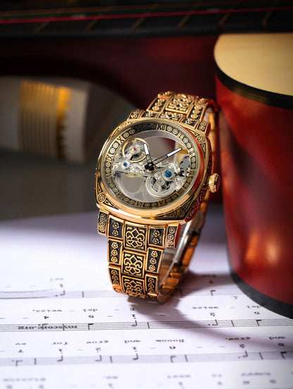 Forsining Vintage Square Skeleton Automatic Mechanical Watch for Men Engraved Case Steel Leather Strap Business Mens Watches